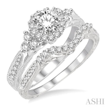 7/8 ctw Diamond Wedding Set with 3/4 ctw Round Cut Engagement Ring and 1/5 ctw Wedding Band in 14K White Gold